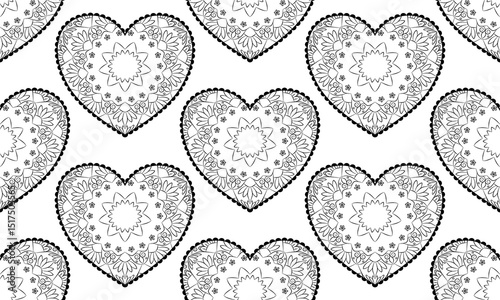 pattern designs with mandala flower and heart shape on white background , design for fabric or various pattern printing works.