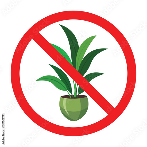 Forbidden sign with plant icon, no plants sign, houseplants prohibition sign, do not growing plant in pot symbol