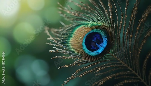 close up of beautiful peacock feather with blurred natural background