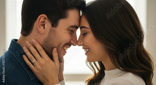 A joyful couple sharing an intimate moment, smiling and connecting closely.