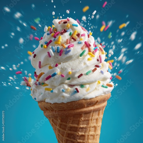 Whipped ice cream cone exploding with colorful sprinkles