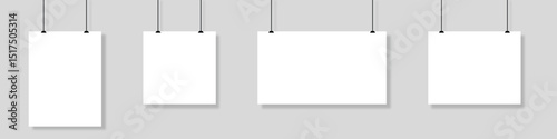 Template of white blank vector posters. Set of mockups hanging on the wall. Frame for paper sheet. Isolated on gray background.