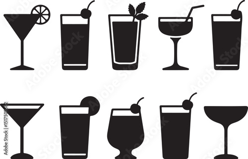 Cocktail icon set silhouette vector collection, cocktail glasses and drinks silhouette vector illustration  