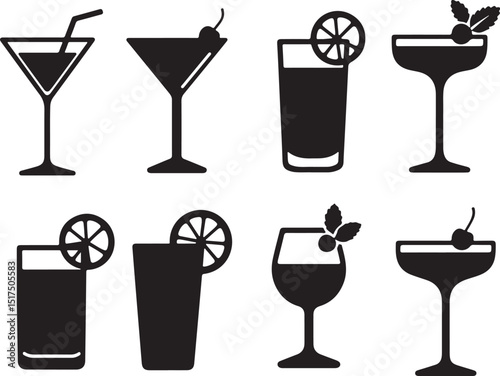 Cocktail icon set silhouette vector collection, cocktail glasses and drinks silhouette vector illustration  