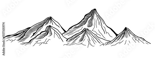 Hand drawn mountain range vector illustration. Sketch style mountain peaks graphic isolated on white background