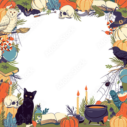 Frame with magic goods, Halloween decoration. Template with witchcraft and witchcraft goods, cauldron, grimoire, potion, elixir, skull, magic ball, cat, snake, owl, toad, spider. Vector.