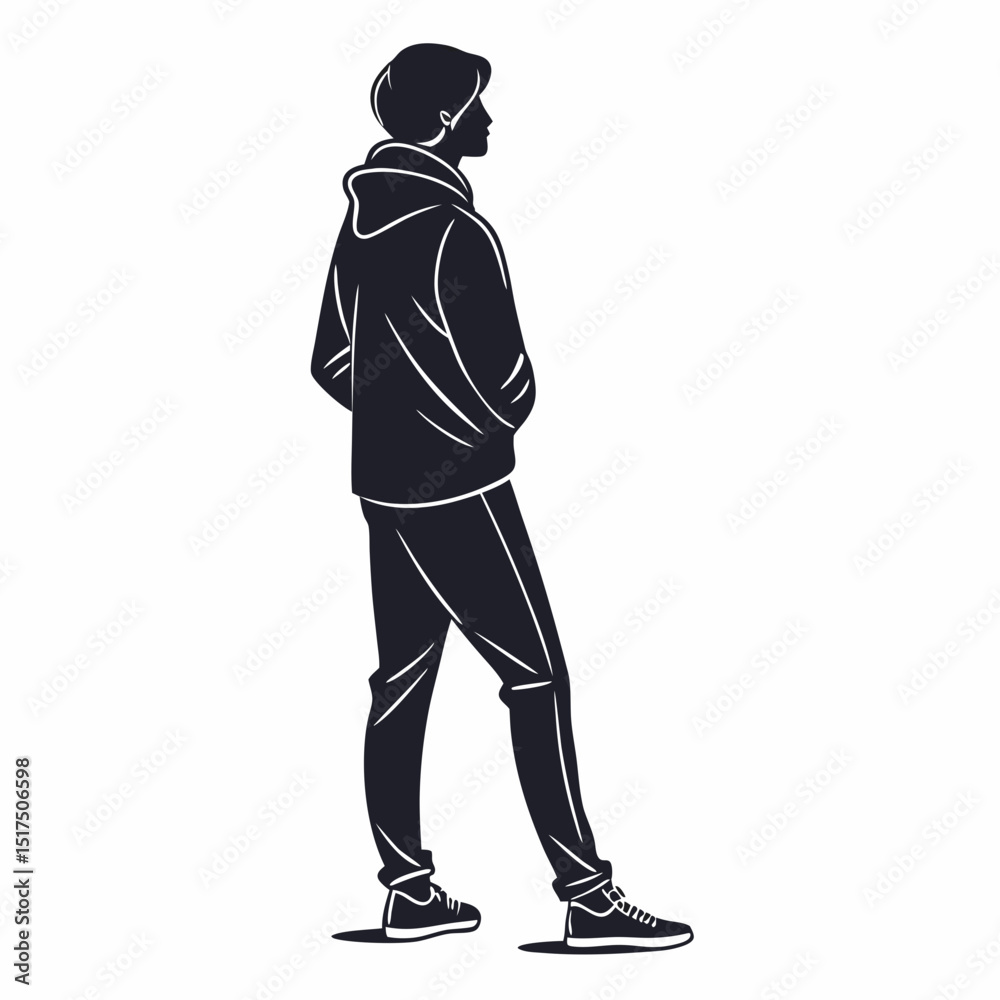 Monochrome Silhouette of a Man Standing in Profile, Wearing Hoodie and Boots, for Urban Youth and Casual Style Concepts Monochrome Silhouette of a Man Standing in Profile, Wearing Hoodie and Boots, for Urban Youth and Casual Style Concepts