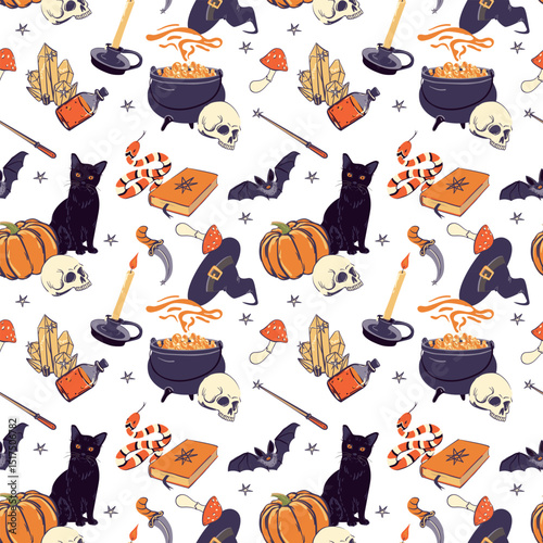 Seamless pattern with magic items, witchcraft goods, cauldron, potion, skull, magic knife and candlestick, pumpkin. Sorcerer's familiars black cat, snake, bat. Vector illustration for Halloween.