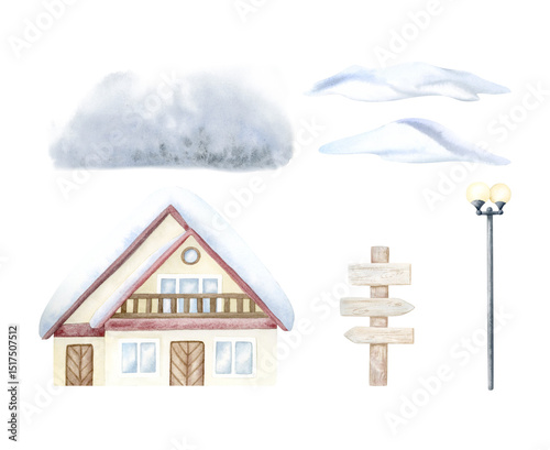 Winter landscape kit set watercolor illustration isolated on white. Mountain chalet house, snowdrifts, wooden sign and street light. Snow-covered cabin for Christmas holiday and tourist designs