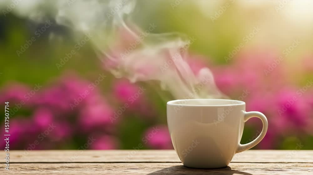 White coffee cup with steam on wooden table with colorful flowers blurred background. Morning beverage and spring garden atmosphere. Outdoor cafe and nature relaxation