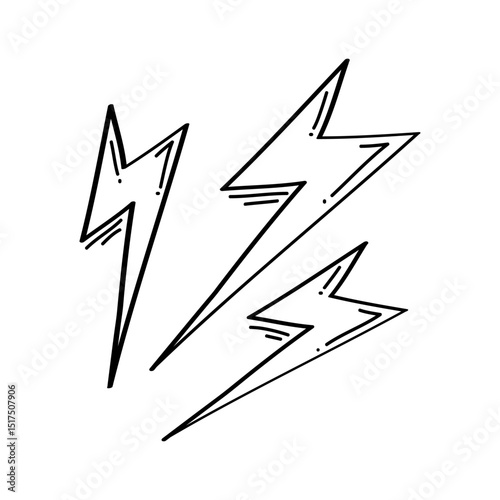 Set of Hand drawn electric lightning. Doodle thunderbolt and thunderstorm. isolated on white background. vector illustration