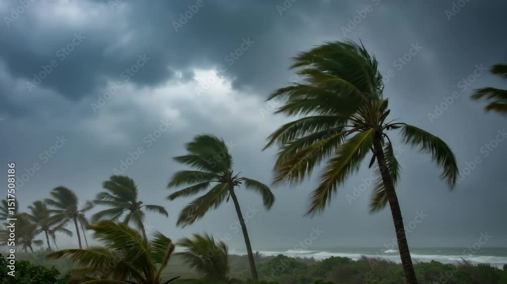 Palm trees swaying in strong wind under dramatic stormy clouds before tropical hurricane. Extreme weather and natural disaster preparation. Climate change and storm warning