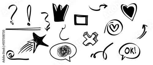 Hand drawn set of doodle design elements. Crown, arrow, curly swishes, exclamation, star, hearts. used for infographic concept design