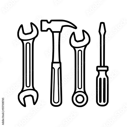 Outline illustration set of hand tools including wrench, hammer, and screwdriver