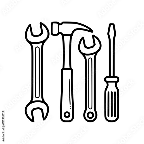 Outline illustration set of hand tools including wrench, hammer, and screwdriver