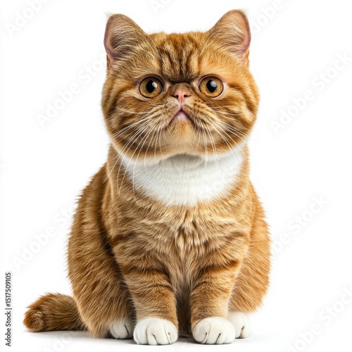 Adorable orange tabby cat sitting upright with alert expression, big round eyes, soft fur, small rounded ears, and white paws, isolated on white background