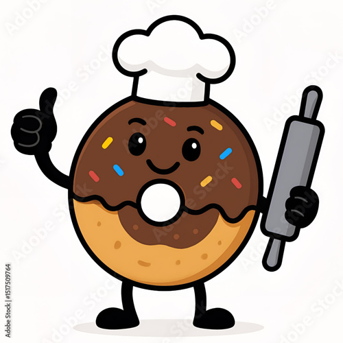 Smiling chocolate donut character with colorful sprinkles, chef hat, and rolling pin. Ideal for sweet treat illustrations and bakery branding.
