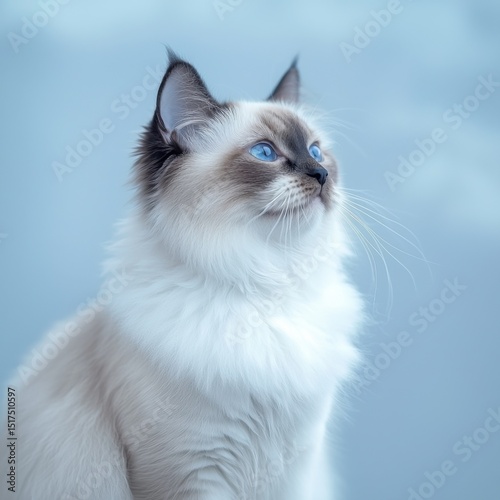 Close-up portrait of a beautiful blue-eyed Siamese cat with cream and chocolate fur looking into the distance against a soft blue background