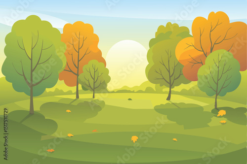 Autumn Meadow Landscape: A picturesque autumnal scene unfolds, showcasing a vibrant meadow surrounded by trees displaying a kaleidoscope of green and autumnal hues.
