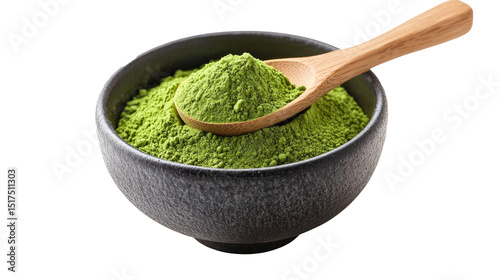 earthenware bowl filled with matcha powder., top view