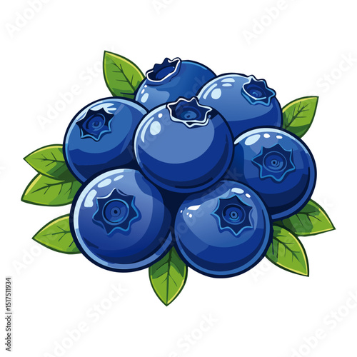 Blueberry arrangement vector color illustration. Summer berry with leaves on isolated background. Composition for packaging and design