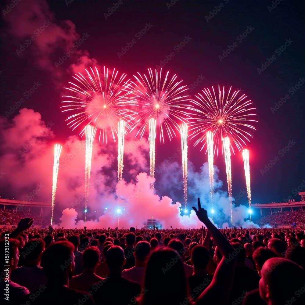 Obraz premium Dazzling fireworks illuminate the stage as crowd cheers in unison, fireworks, night lights, concert