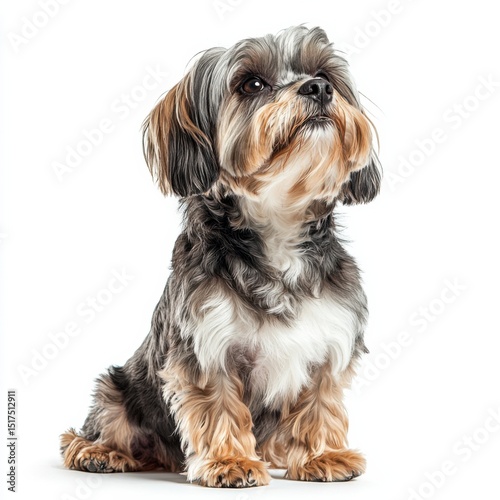 Adorable small dog with long silky fur sitting on plain white background looking upward cute pet adorable puppy joyful expression
