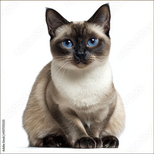 Close-up of a Siamese cat with striking blue eyes sitting on a white background showcasing elegance and feline beauty with detailed fur and captivating gaze