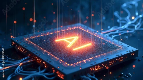 Futuristic AI chip glowing with intricate circuitry and data streams in a high-tech environment