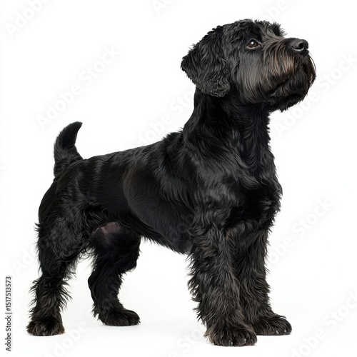 Adorable small black dog standing alert with shiny coat and expressive eyes, isolated on white background, showcasing pet, canine, and animal themes