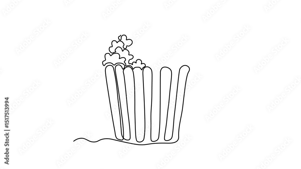 Popcorn in bucket. Self drawing animation one continuous line draw, logo