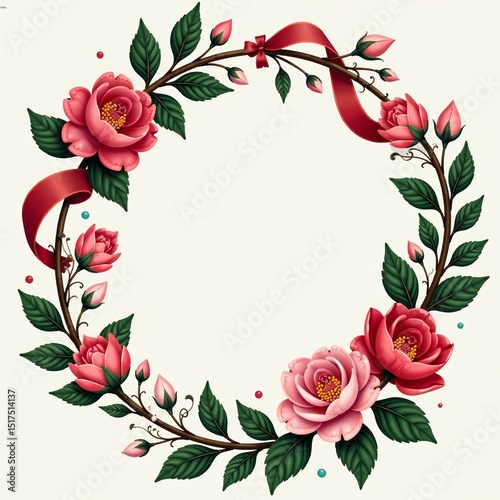 Floral wreath with ribbons and flowers in toile de jouy style, pastel colors, floral patterns, vintage frames