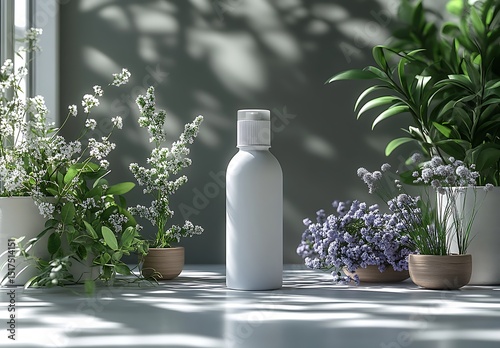 White bottle mockup on table with potted plants and sunlight

 photo