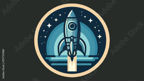 a logo that features a retro-inspired rocket ship, shades of blue and grey