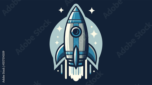 a logo that features a retro-inspired rocket ship, shades of blue and grey