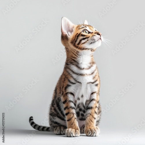 Adorable Bengal kitten sitting attentively with alert ears and curious expression on a plain neutral background showcasing cute feline pet
