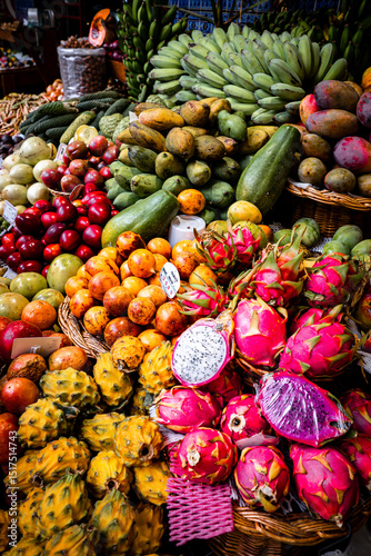 Beautiful view of a stunning assortment of fresh, exotic fruits at the Mercado dos Lavradores (farmers' market) in Funchal, Madeira, Portugal photo