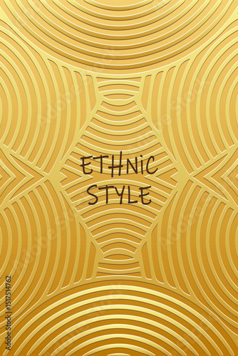 Ethnic gold lorem background, cover design, banner, wallpaper. Geometric gold artistic 3d pattern with lines, art deco. Embossed ornaments, arabesques, mandala of the East, Asia, India, Mexico, Aztec,