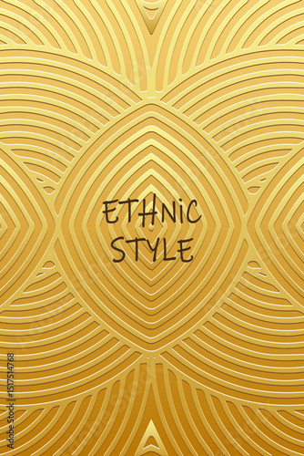 Ethnic gold lorem background, cover design, banner, wallpaper. Geometric gold exclusive 3d pattern with lines, art deco. Relief ornaments, arabesques, mandala of the East, Asia, India, Mexico, Aztec.