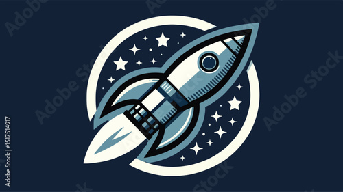 a logo that features a retro-inspired rocket ship, shades of blue and grey