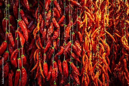Great view of thousands of threaded chili peppers hanging from a wall at the Mercado dos Lavradores (farmer's market) in Funchal, Madeira, Portugal