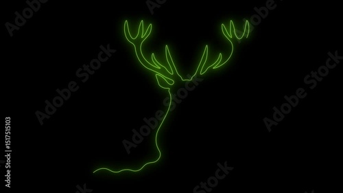 abstract deer head with horns, Self drawing animation one continuous line draw, logo. Blazing  flame, energy, fire on black background.neon green luminous sign