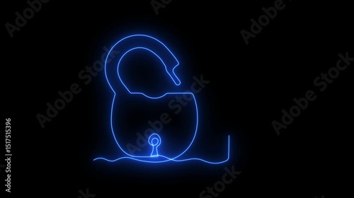 Abstract open, unlocked Padlock and key,  Self drawing animation one continuous line draw, logo. Blazing  flame, energy, fire on black background. neon blue luminous sign