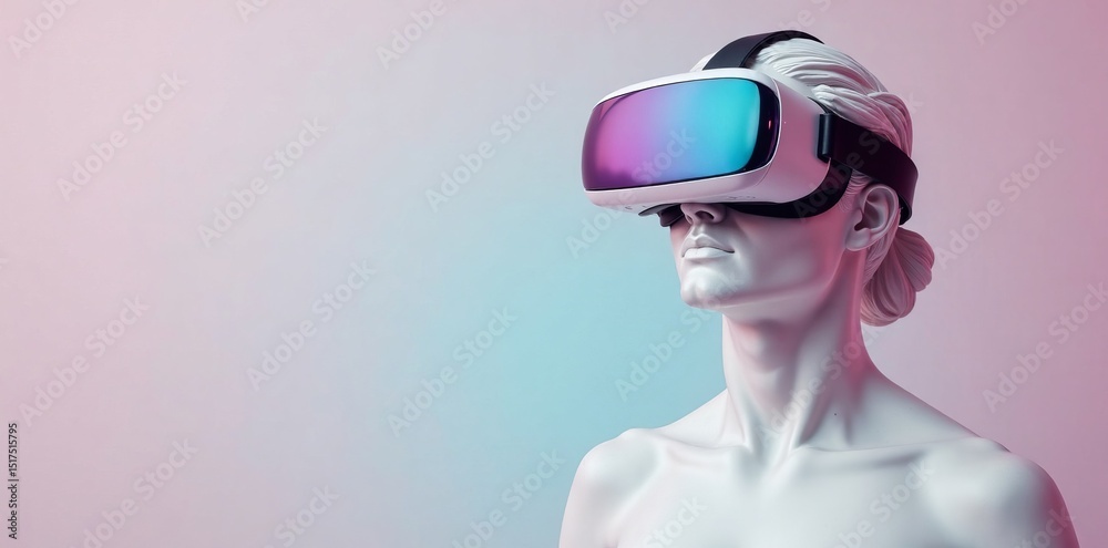 Marble statue wearing virtual reality goggles on pastel background, futuristic, virtual reality, digital art Marble statue wearing virtual reality goggles on pastel background, futuristic, virtual reality, digital art