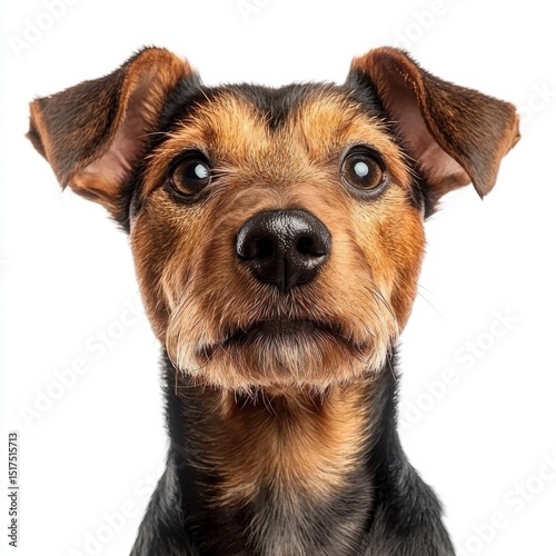 Close-up portrait of a curious small dog with expressive eyes and perky ears, isolated on a white background, showcasing detailed fur and adorable facial features