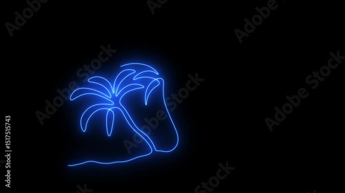 Abstract island in the ocean with palm trees,  Self drawing animation one continuous line draw, logo. Blazing  flame, energy, fire on black background. neon blue luminous sign