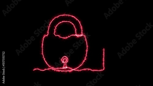 Abstract closed, locked Padlock and key,  Self drawing animation one continuous line draw, logo. Blazing  flame, energy, fire on black background. neon red luminous sign