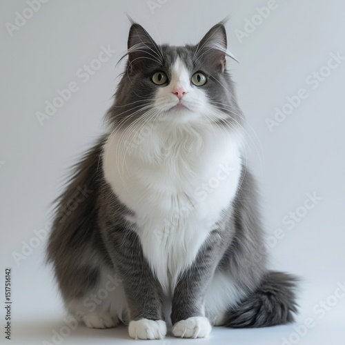 Elegant long-haired gray and white cat sitting attentively against a plain white background with bright natural lighting and detail showcasing its soft fur and alert eyes