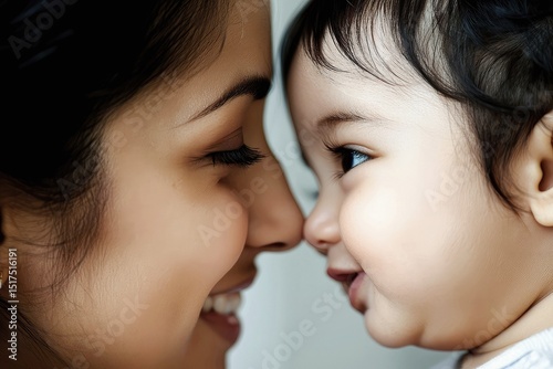 Close-up portrait of a loving mother and her adorable baby, sharing a tender moment of affection and connection, their faces close together in a beautiful display of family love