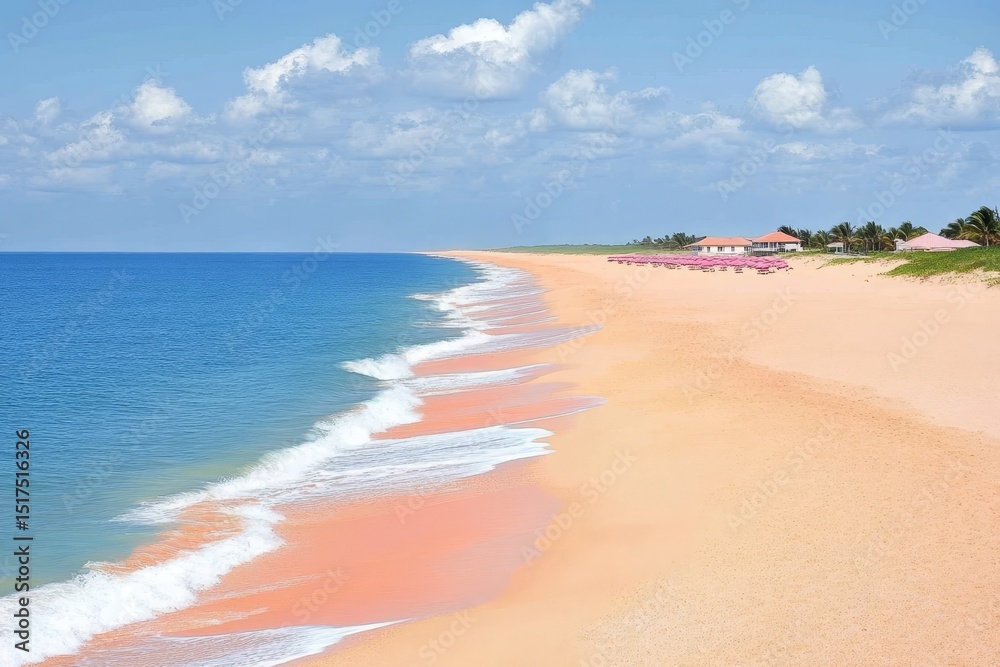 Obraz premium Serene beach with soft pink sand and gentle waves under a bright blue sky during daytime